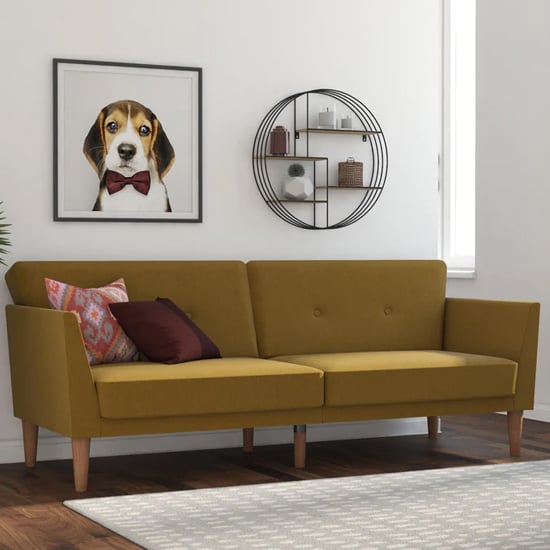 Rockingham Fabric Sofa Bed With Wooden Legs In Mustard