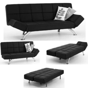 Venice Faux Leather Sofa Bed In Black With Chrome Metal Legs